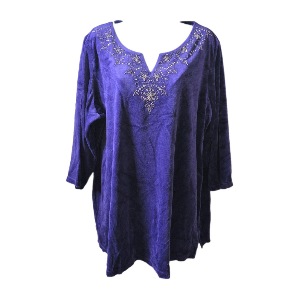 Quacker Factory Purple Velvet Velour Sequin Top Tunic 2X 3/4 Sleeve Holiday Mew
